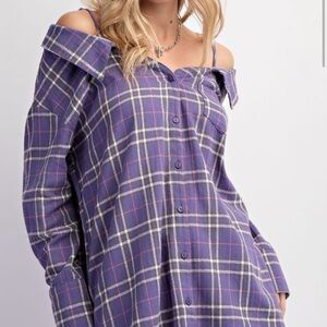 Easel Purple Plaid Off-Shoulder Dress